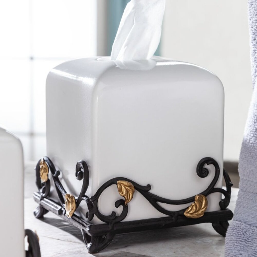 GG Collection Gold Leaf Tissue Holder with Gold Leaf-Accented Metal Base  NEW